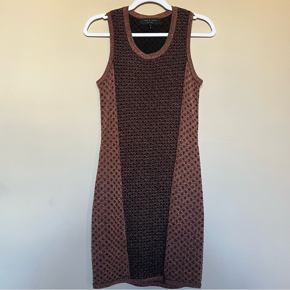 Rag & Bone Metallic Brown Knit Mini Dress l Sleeveless Bodycon Sweater Dress - Picture 2 of 5